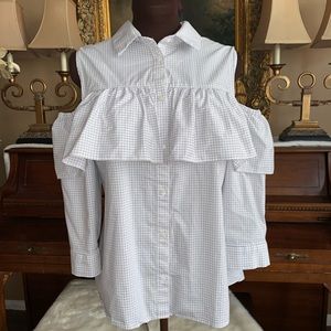 Worthington Ruffle Button Up Blouse Cold Shoulder